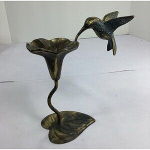 Vtg Brass Hummingbird Flower Stem Candle Holder Garden Decor 7.5" Tall